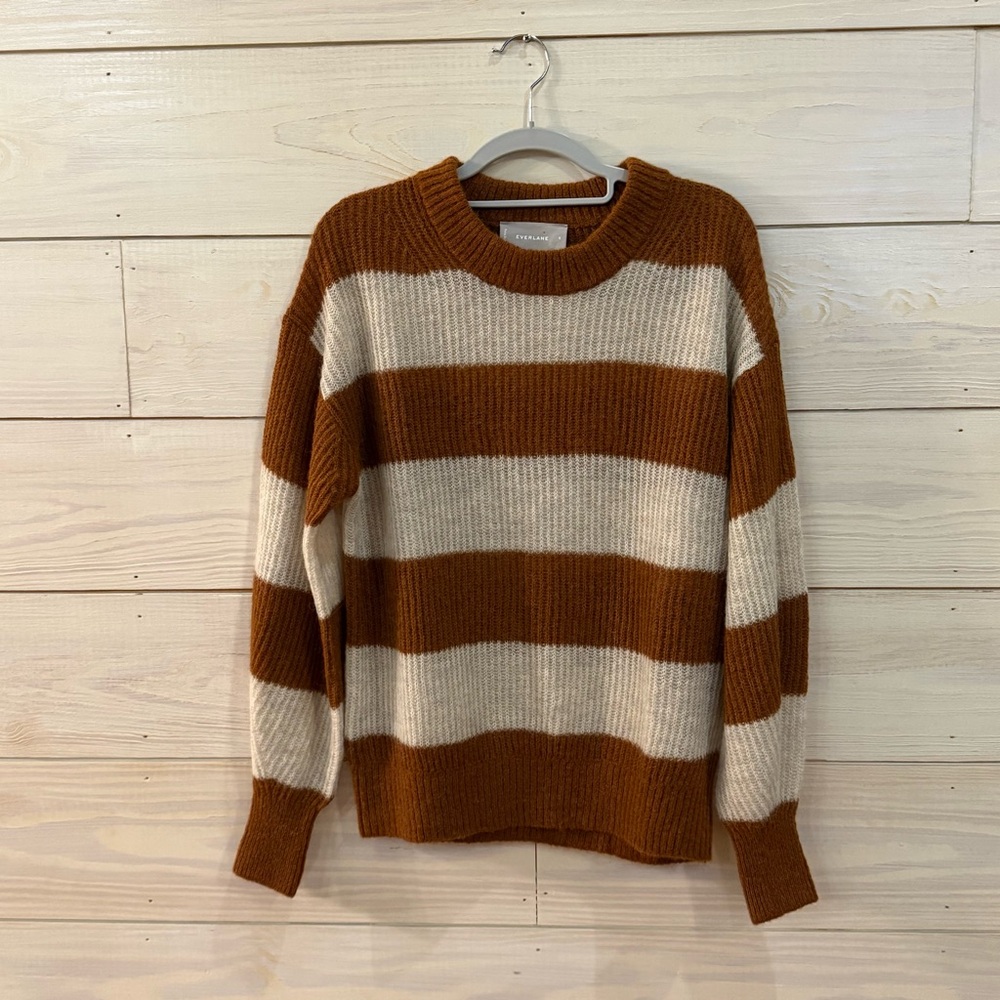 Everlane Oversized Alpaca Wool Sweater Size Small  Brown & Cream Rugby Stripes - Picture 2 of 7